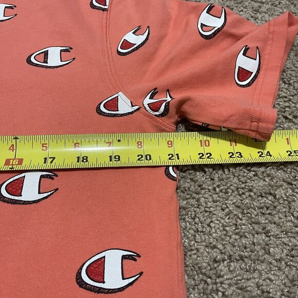 VTG Champion Shirt Mens Large Orange Heritage Scribble AOP Logo Heavy Tee - Picture 6 of 6